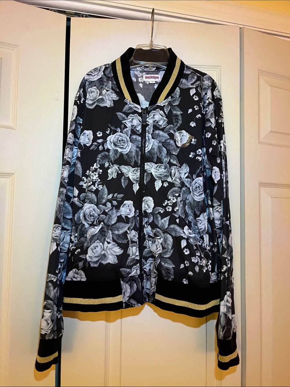 True Religion Black & White Floral Bomber Jacket with Gold Trim Accents